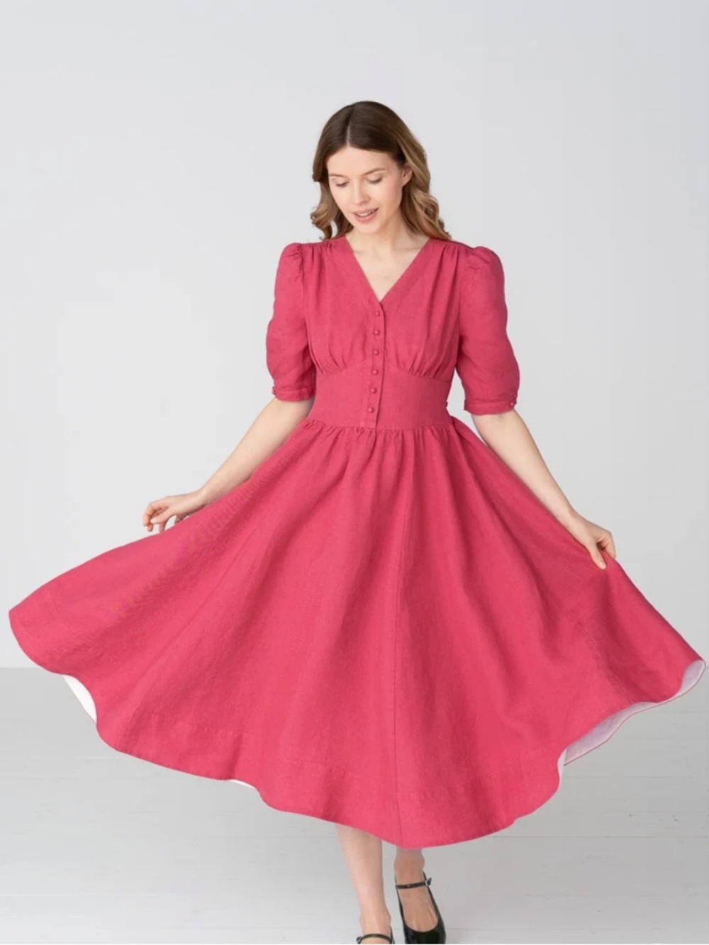 Son De Flor NWT Diane puff sleeve linen midi dress in wild rose size XS